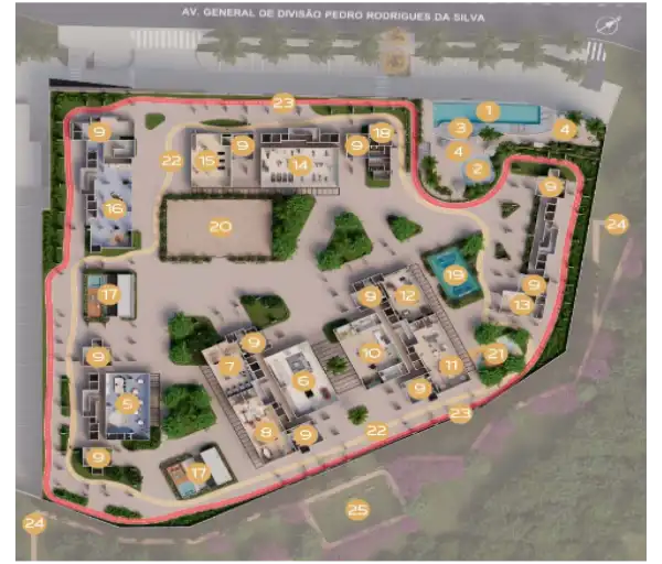 Mapa de implantação do Alpha Park View com localização dos 25 itens de lazer